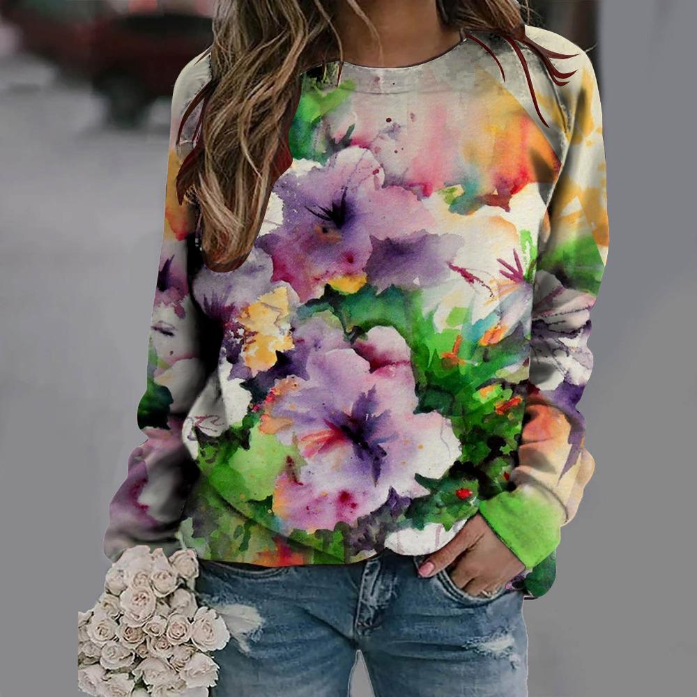 New Loose Casual 3D Floral Print Pattern Women's Round Neck Long Sleeved T-shirt