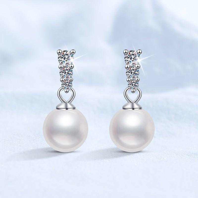 Sterling Moissanite Natural Freshwater Pearl Stud Earrings Women Classic Diana Style Round 7-8mm 925 Sterling Silver