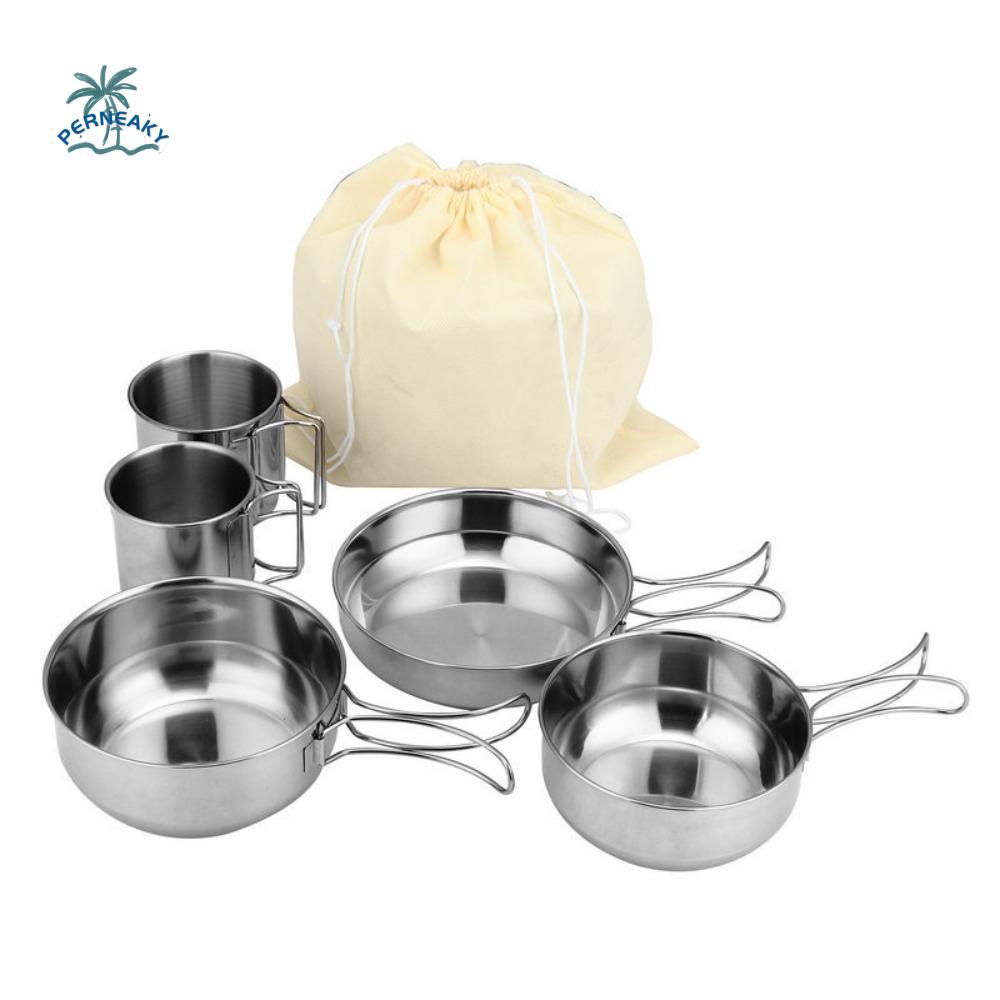 5Pcs 304 Stainless Steel Camping Cookware Set Stackable Foldable Handle Outdoor Pot Cup Tableware with Storage Bag Space Saving