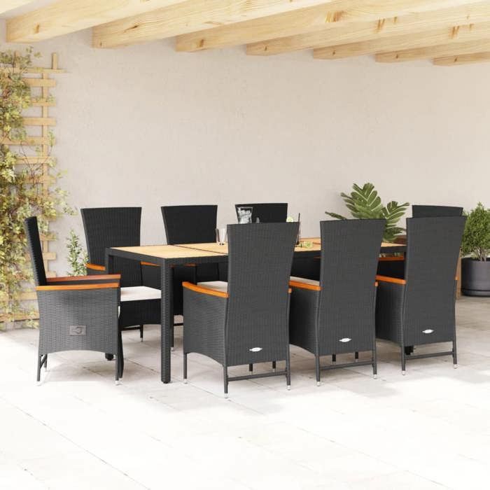 VidaXL Ensemble à Manger de Jardin avec Coussins 9 pcs, Table de Terrasse, Meubles de Patio, Mobilier d'Extérieur, Noir 3277521