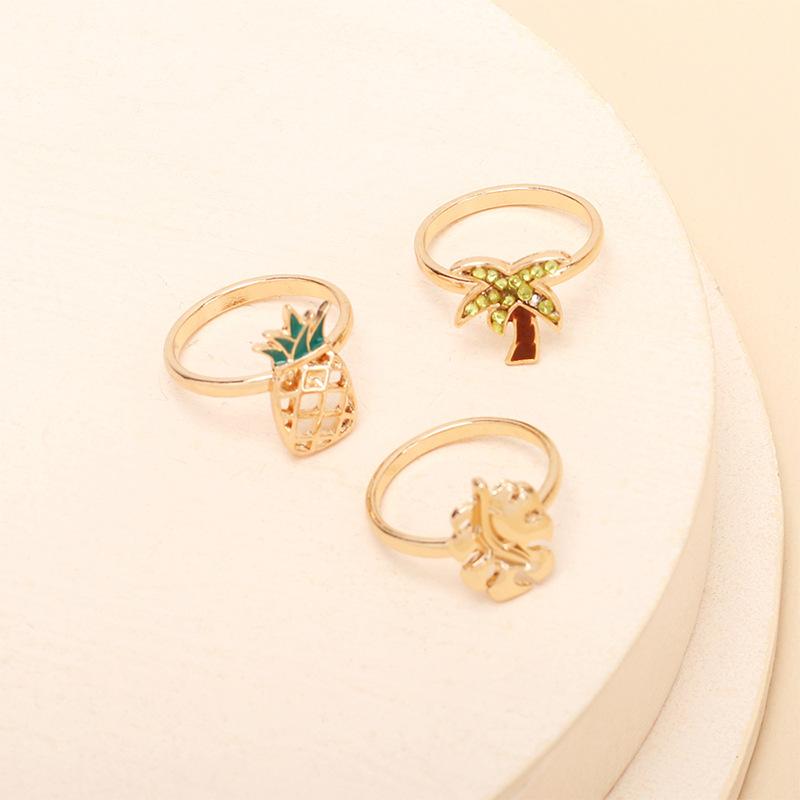 ins cold wind pineapple coconut tree ring combination set, niche retro rhinestone index finger joint ring