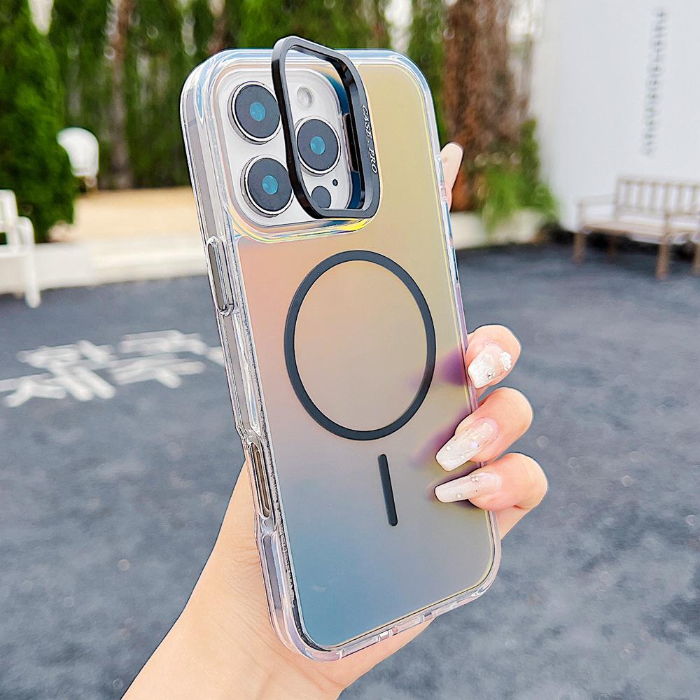 KEYSION Colorful Gradient Magnetic Lens Stand Case for iPhone 11 12 13 Pro Max for MagSafe TPU+PC Shockproof Back Cover