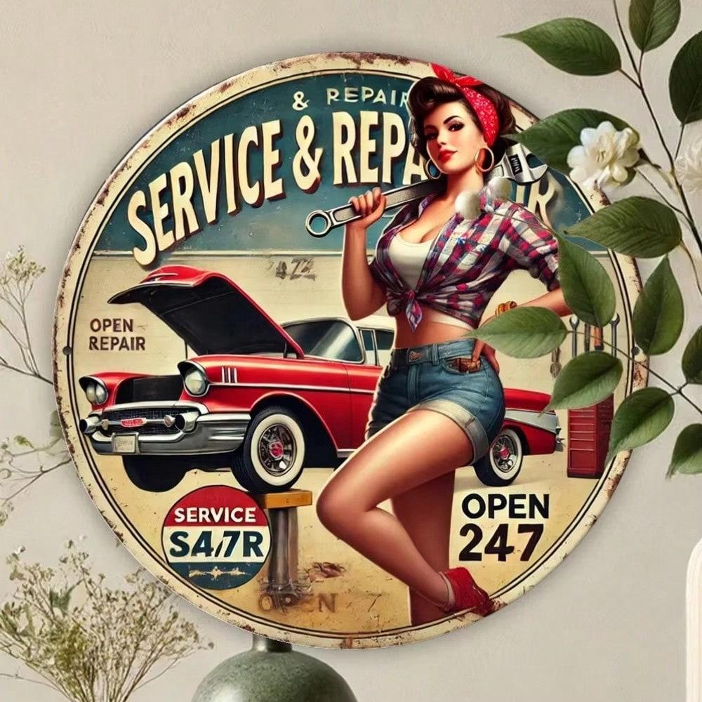 Retro Car Girl Metal Sign, Vintage 2D Wall Art, Waterproof Bar Decor