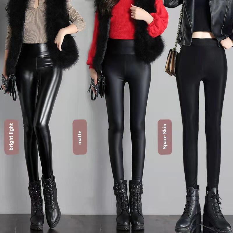 Damen-PU-Lederhose für den Winter, schmal geschnitten und warm