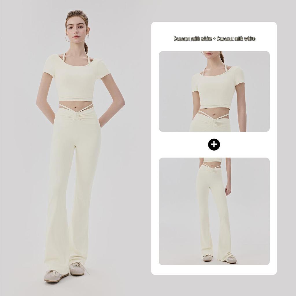 Women's Cooling Yoga Suit: Short Sleeve Top with Built-in Bra & Draping Tie-up Micro Flare Pants Set