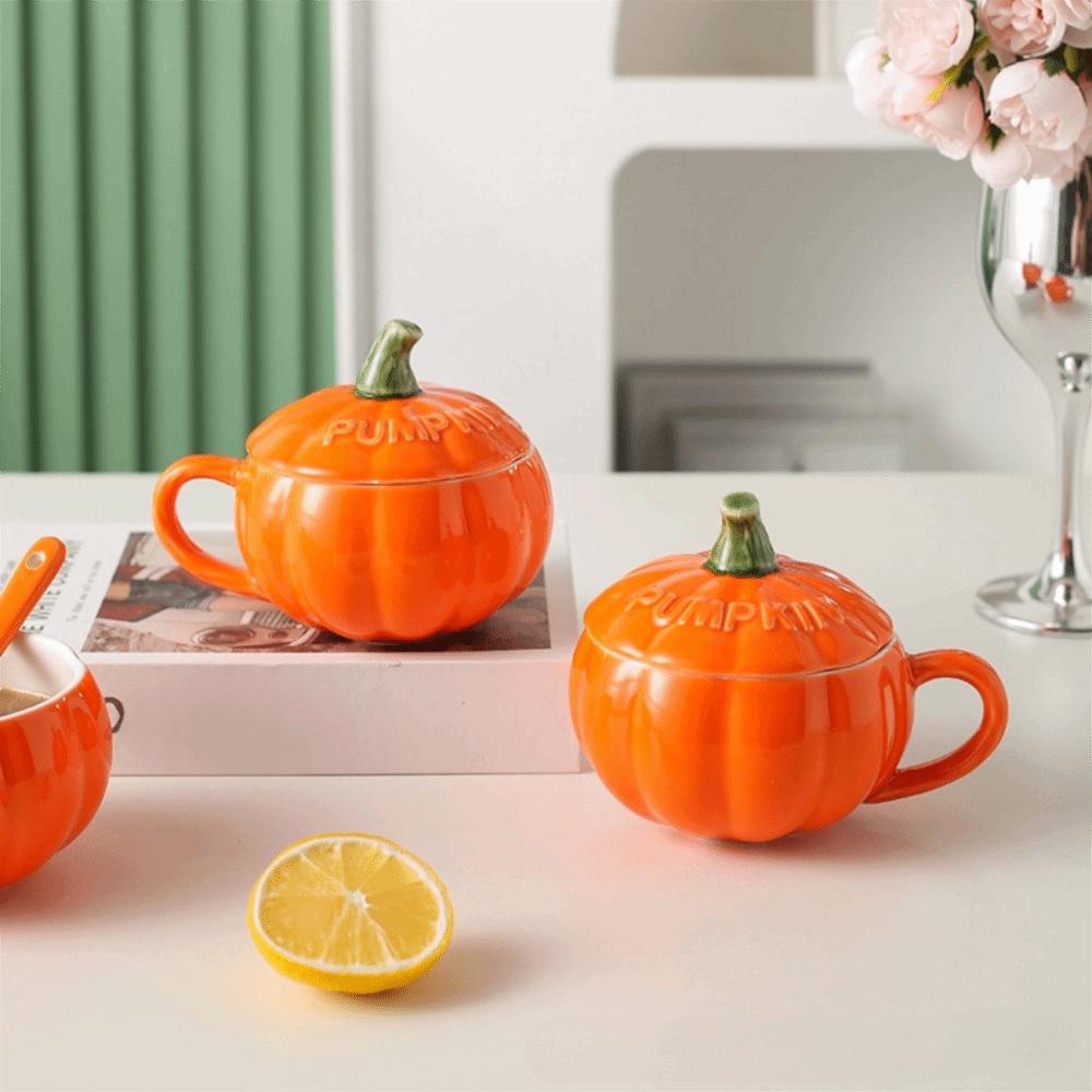with Spoon and Lid Halloween Cartoon Pumpkin Mug Ceramic Drinking Cup Cute Milk Cup  Pudding