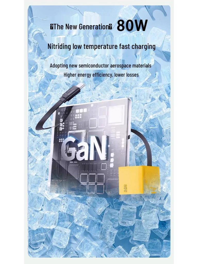 Galliumnitrid Schnellladegerät mit 8 cm einziehbarem Kabel für Apple-, Huawei- und Android-Geräte