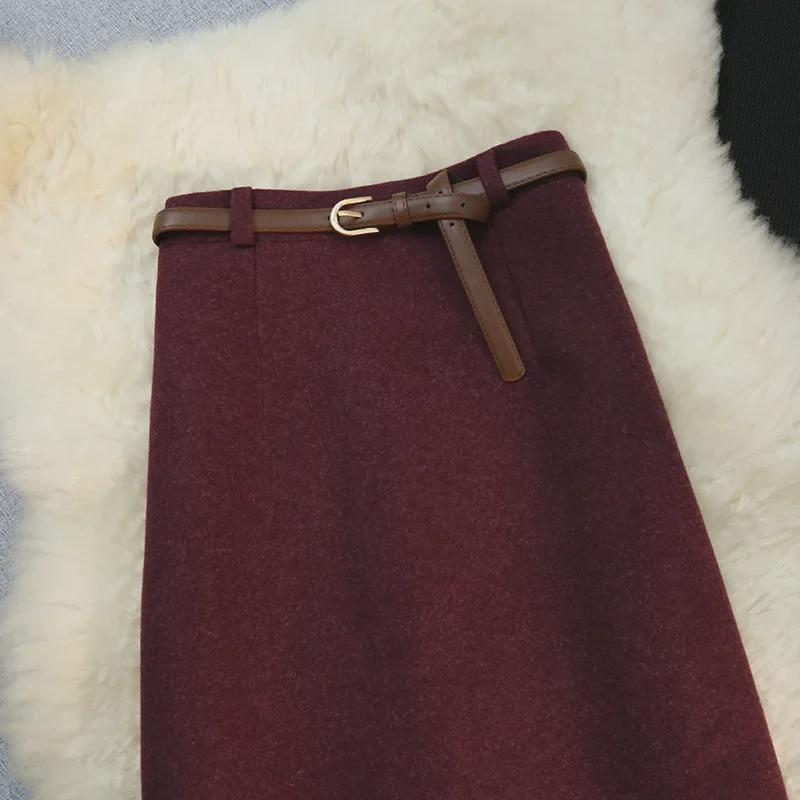 Jupe A-line en laine à taille haute et taille élastique pour femmes - Jupe longue fourreau d'automne/hiver pour les déplacements