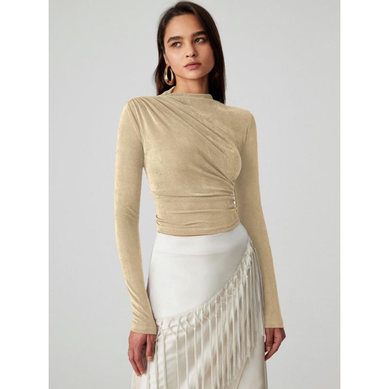 Autumn and Winter Slim Pullover Half High Neck Velvet Pleated Long Sleeve Top