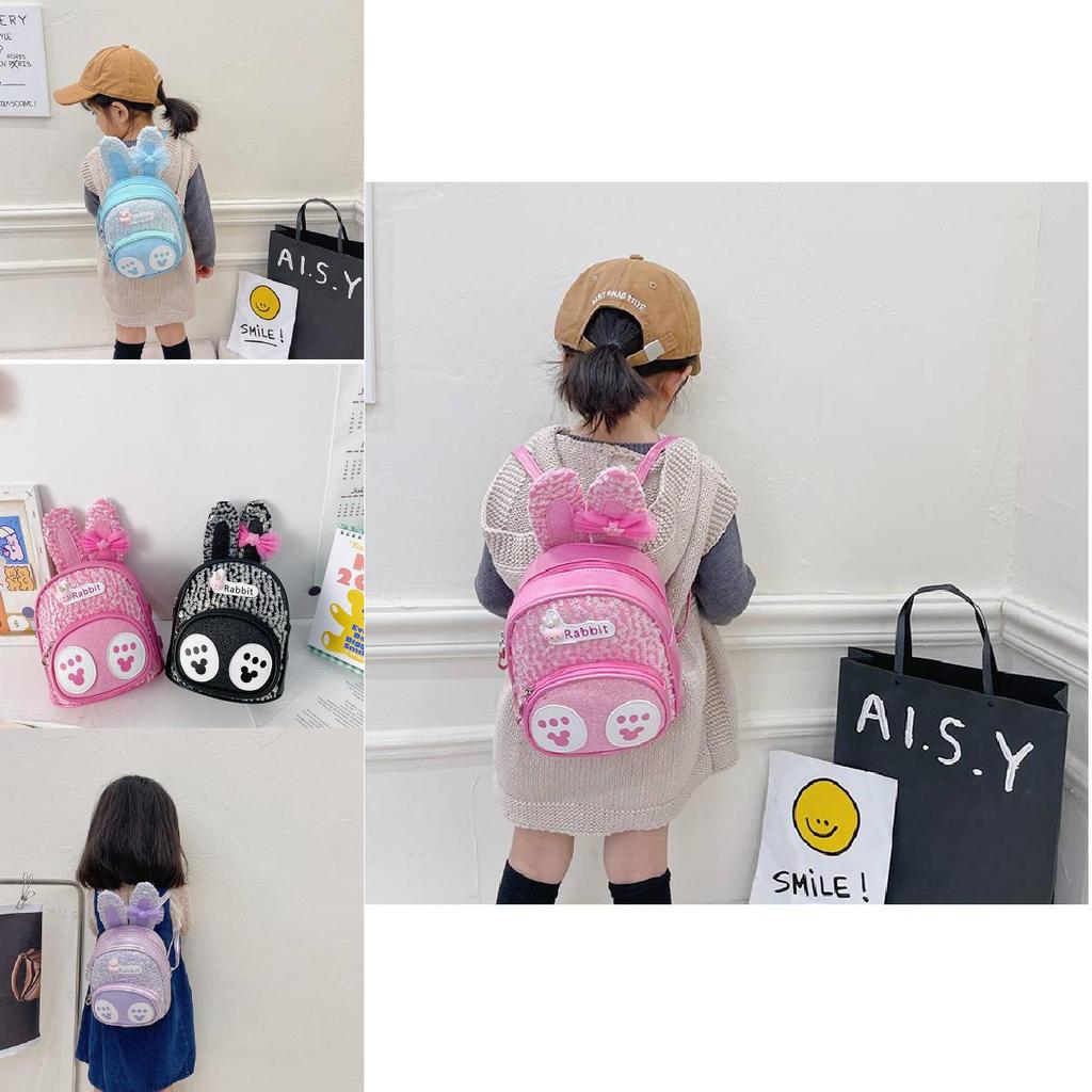 Adorable Bunny Ear Cartoon Kids Backpack Stylish Korean Design Sequin Pu Material