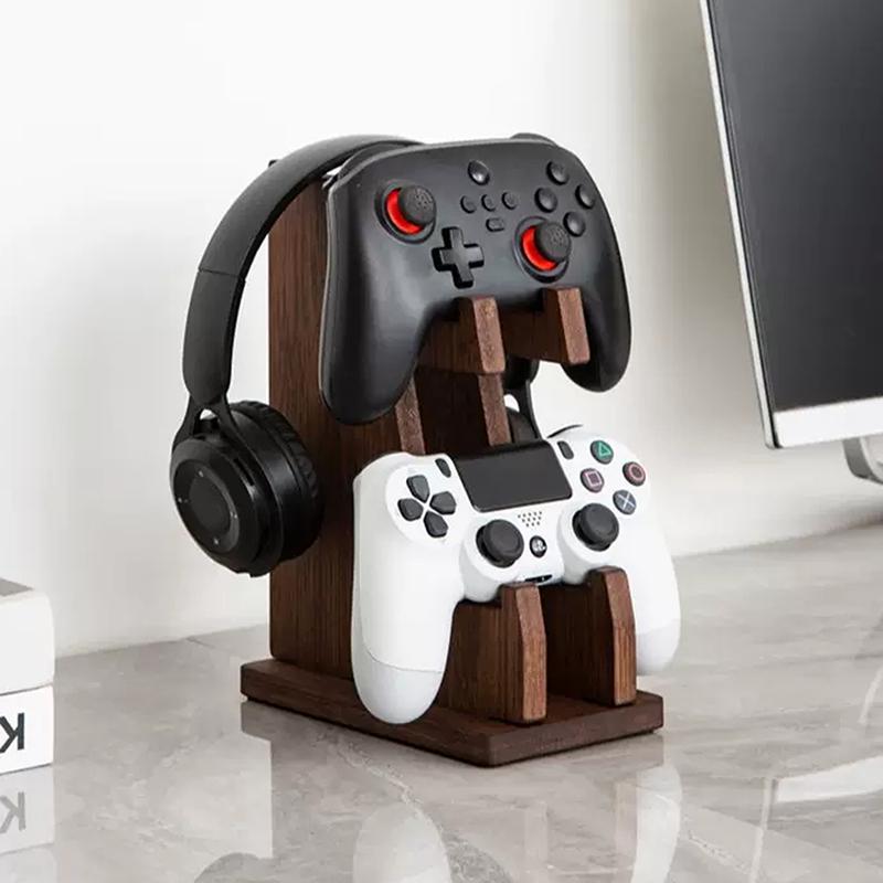 Supporto Multifunzionale Universale in Legno Massello per Controller di Gioco, Scaffale di Stoccaggio da Scrivania, Supporto per Cuffie