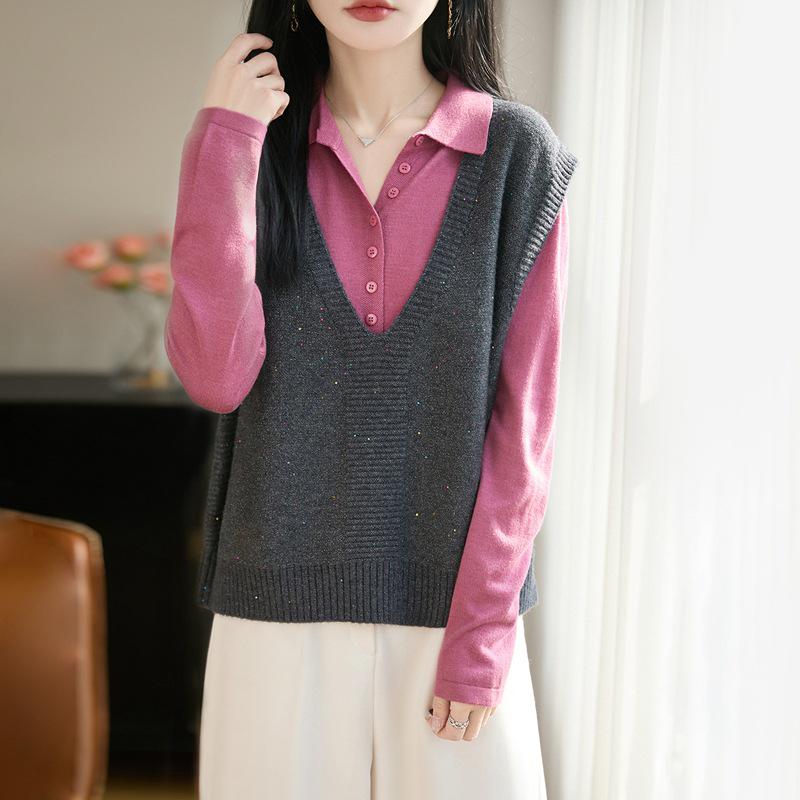 Women's Loose V-Neck Sequin Knit Vest - Fine Wool, Perfect for Spring & Autumn Layering