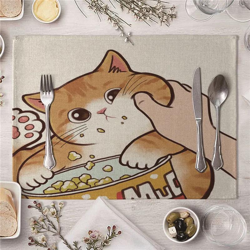 Cute Kiss Cat Pattern Kitchen Placemat Dining Table Mats Drink Coasters Western Pad Cotton Linen Cup Mat 45*32cm