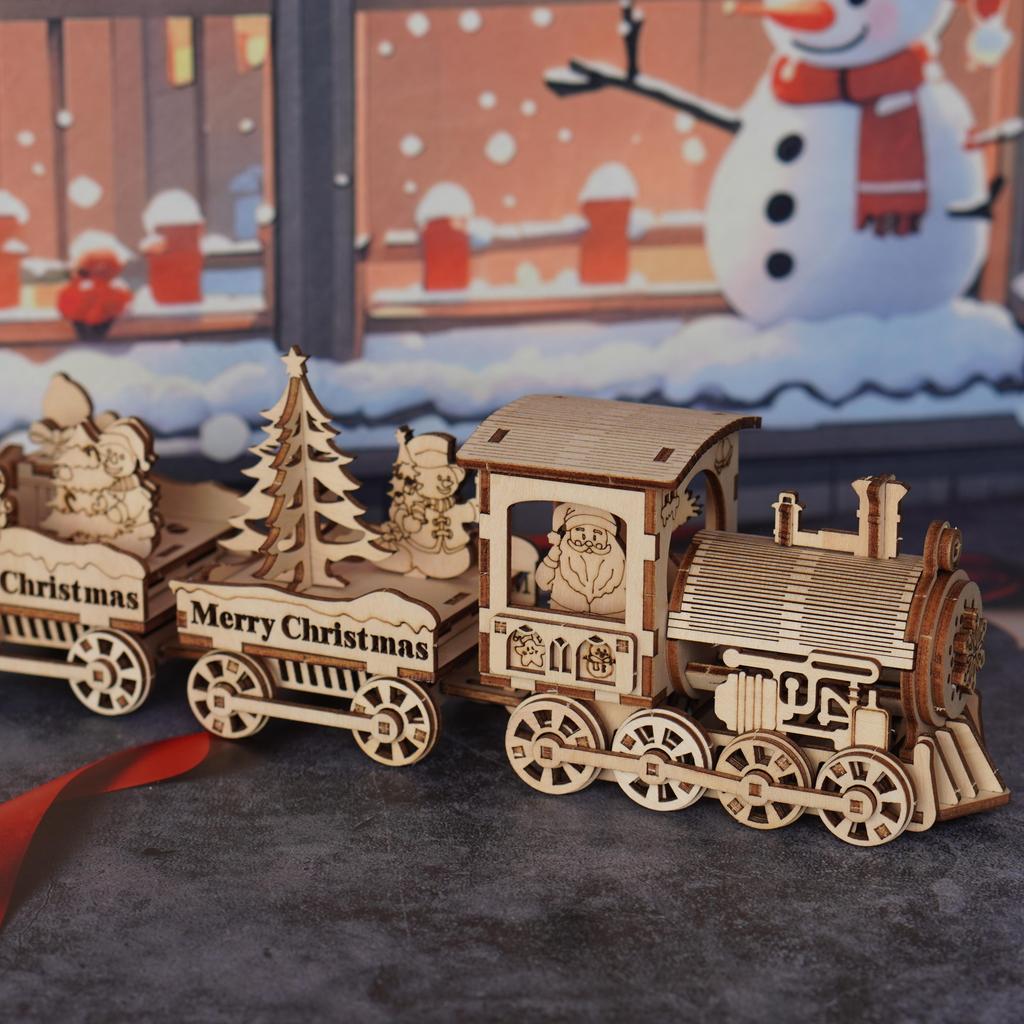 3D wooden puzzle toys suitable for adults, Christmas train assembly models, wooden handmade DIY assembly building block model ki