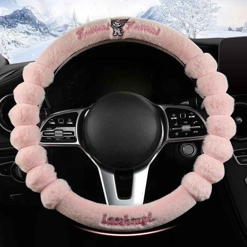 New Kuromi Winter Plush Rabbit Velvet Warm Steering Wheel Cover Soft Handle Cover for Men And Women Car Accessory