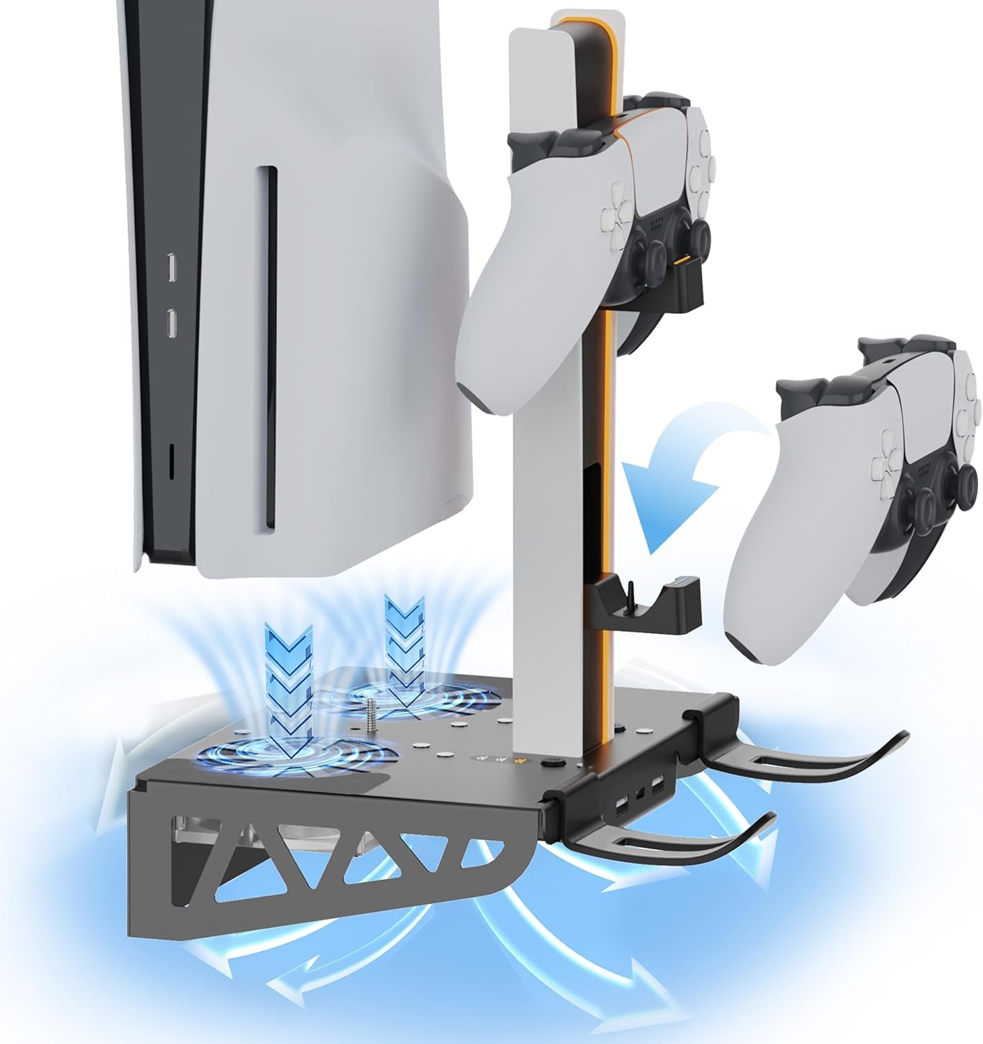 

Біла настінна підставка для PS5 з дисками та цифрової версії, включає вентилятор для контролера, світлодіодну підсвітку та місце для зберігання. Сталева конструкція для легкого Pro/PS5 Slim/PS5 (Сумісний білий