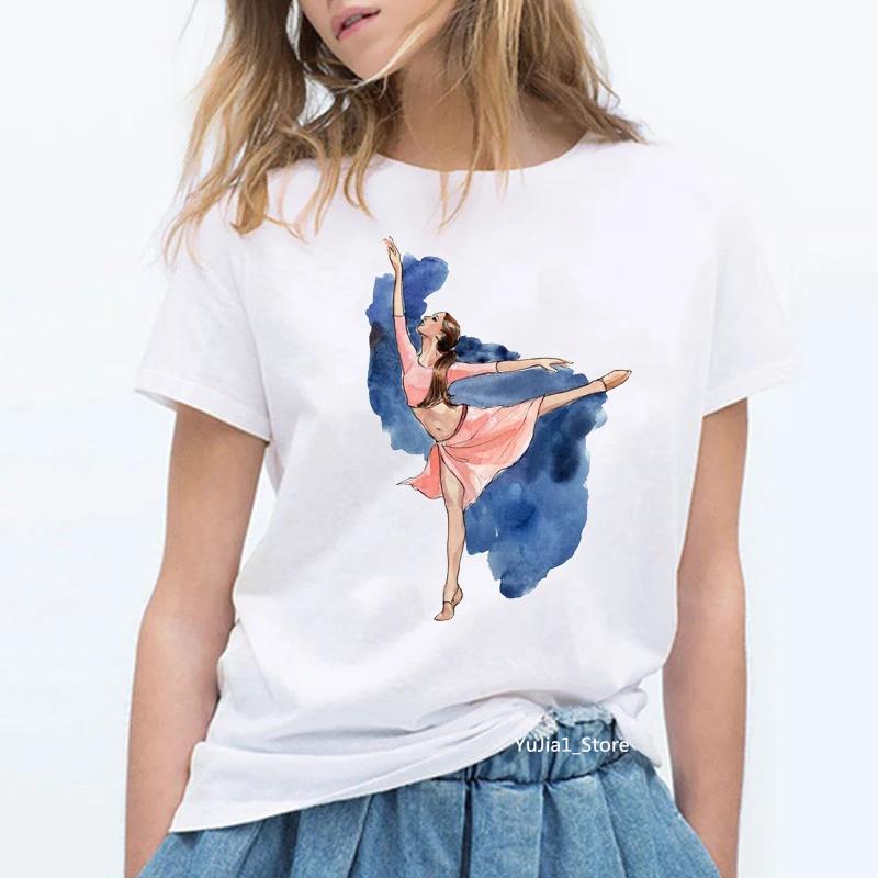 Summer 2024 Watercolor Ballet Dancer Printed Girl Black T Shirt Kawaii Gymnastics Dance Lover Gift Tee Shirt Femme Custom Tshirt
