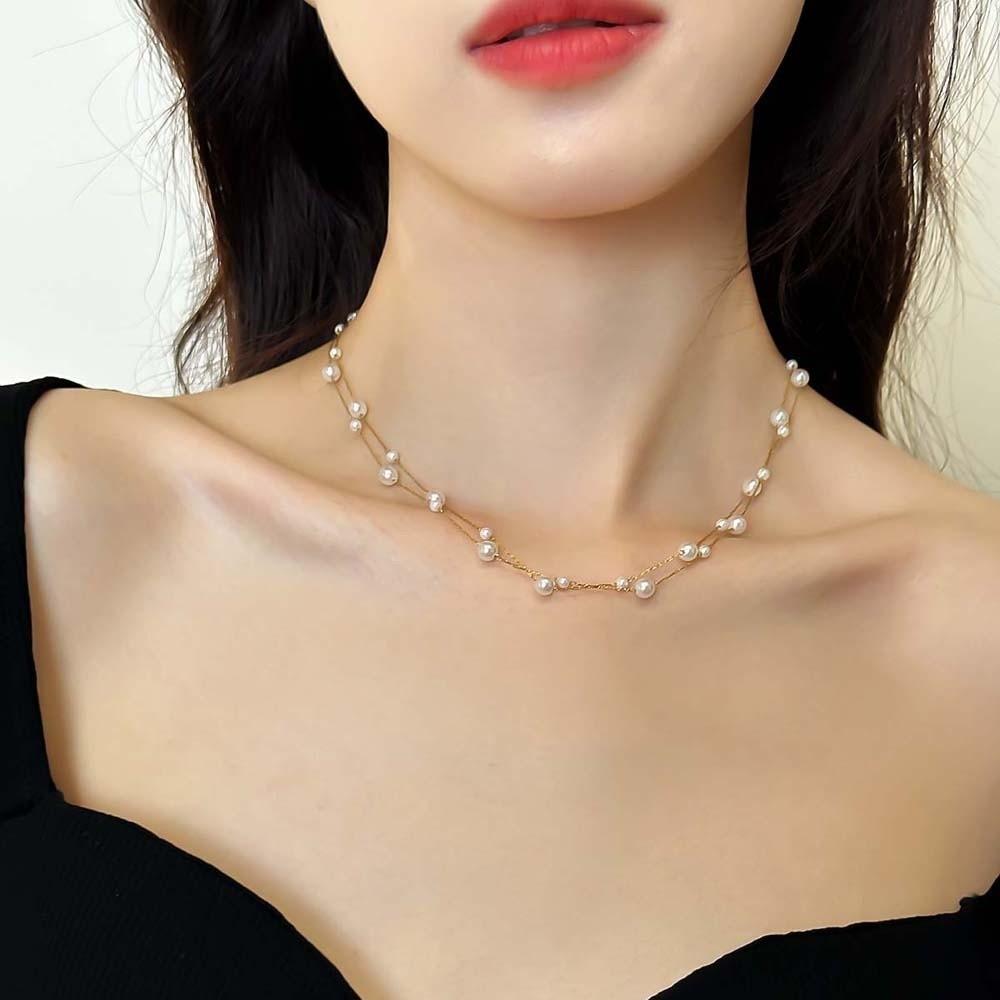 Titanium Steel Beaded Choker Necklace Exquisite Collarbone Chain Elegant Neck Pendant  Girls