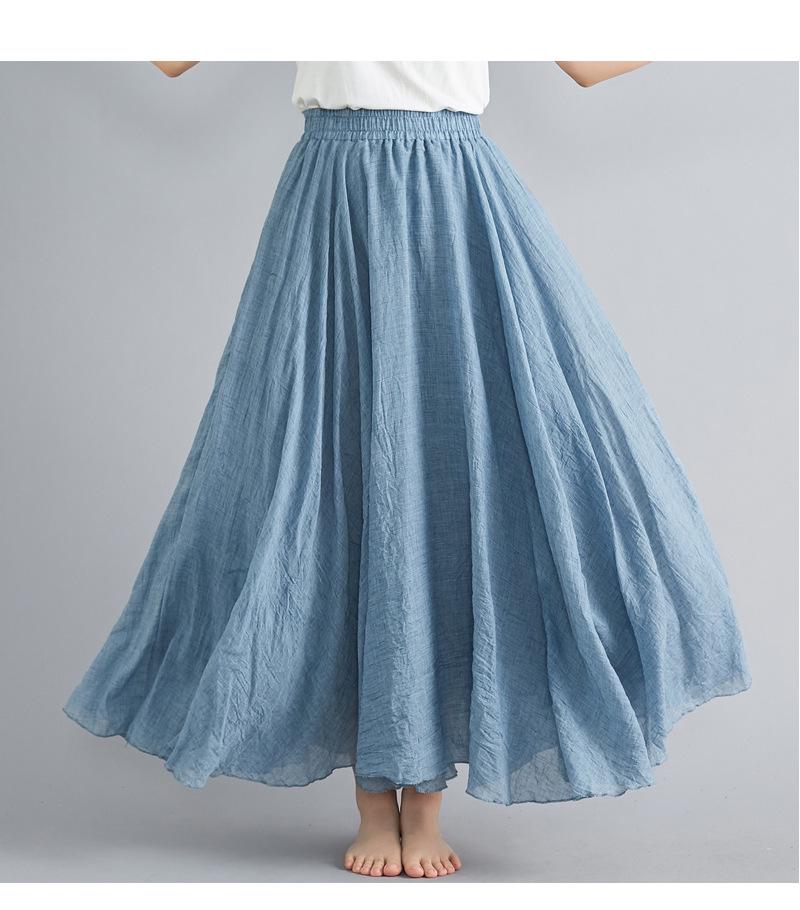 2024 Japan & Korea Loose Cotton-Linen Elastic Waist Midi Skirt – Solid Color A-line Swing Skirt