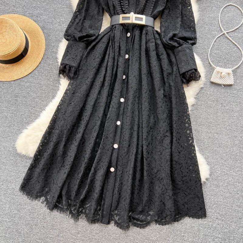 Damen Frühling und Herbst Revers Heavy Industry Haken Blumenausschnitt Französisches Spitzenkleid Femininer Sinn Swing Over The Knee Langes Kleid