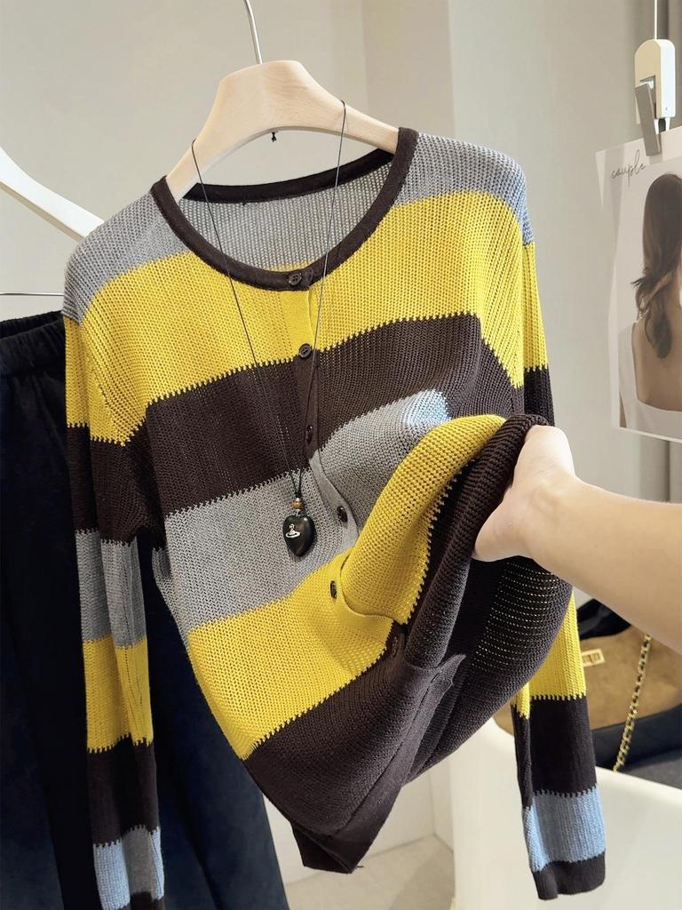 Women's Retro Hong Kong Color Block Striped Sweater: Cozy Autumn/Winter Knitted Cardigan