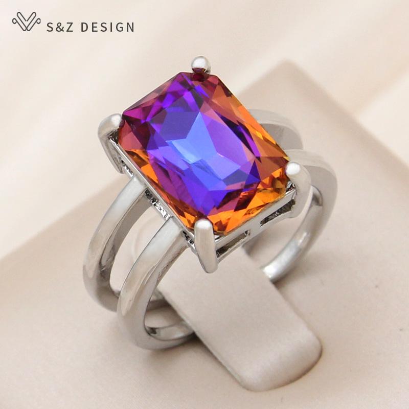 Fashion Rose Gold Color Adjustable Rectangle Crystal Rings For Women Wedding Party Jewelry Gift