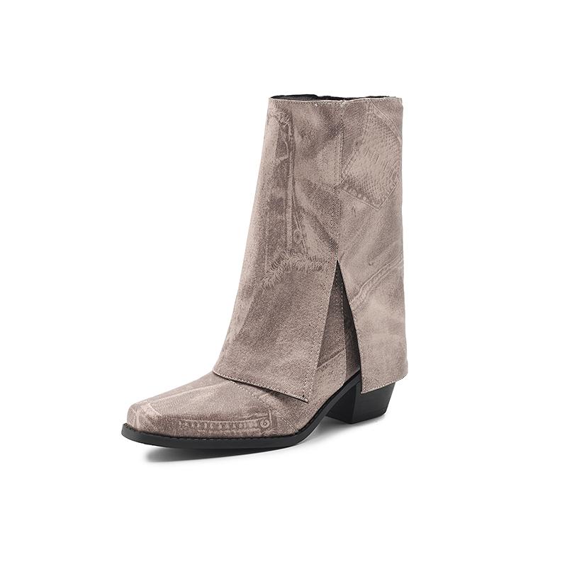 Cowboy Western Boots Women's Denim Mid Calf Boots Turndown Split Chunky Heels Shoes Slip On 2024 Autumn Winter Footwear