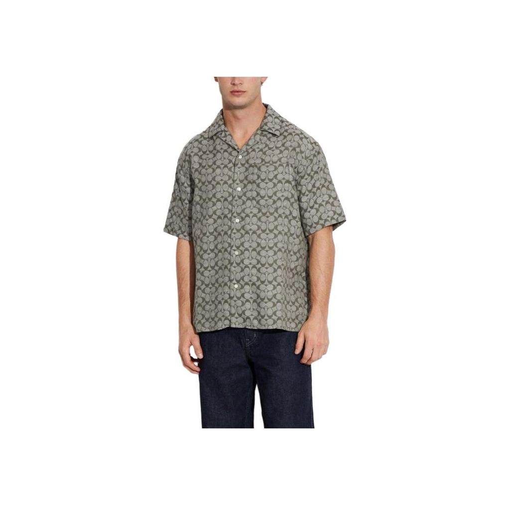 Coach Full Print V-Neck Single-Breasted Short Sleeve Shirt Men shirts Gray-Green C7812-SAG