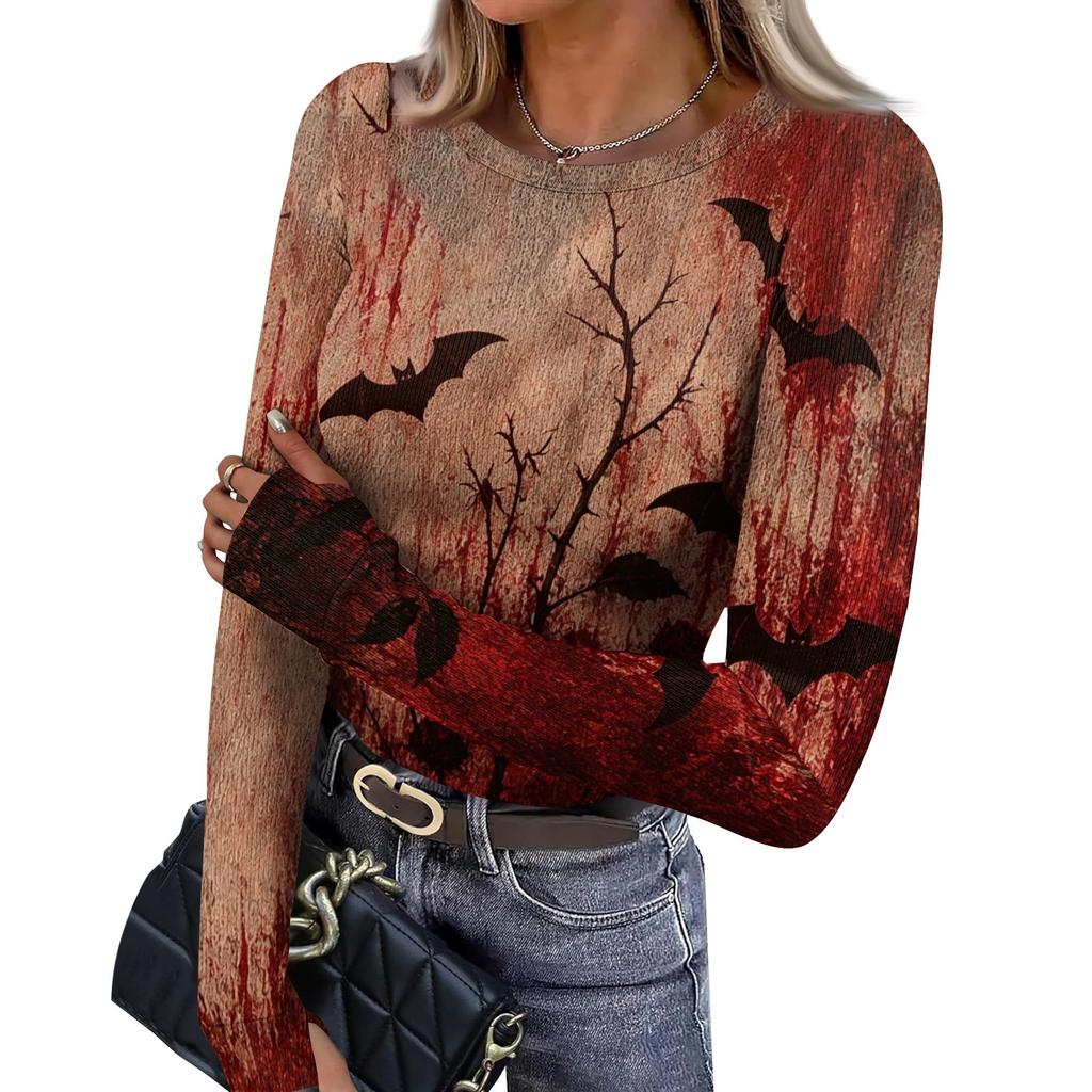 Women's Slim Fit Halloween Print Pullover Long Sleeve T Shirt Crew Neck Base Layer Top with Thumb Hole Cuffs