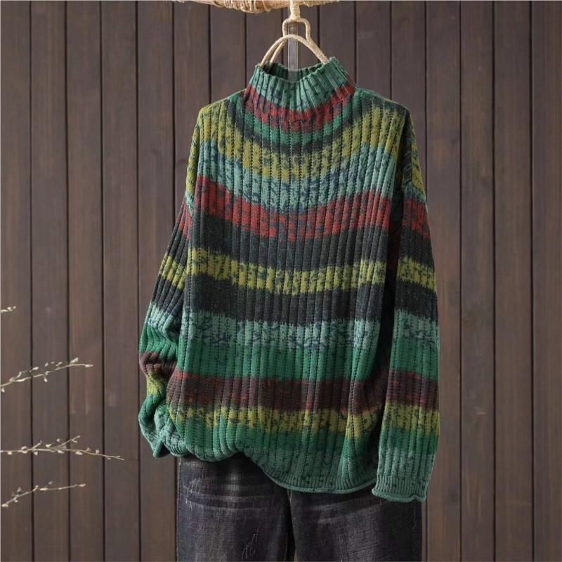 Johnature Women Vintage Striped Pullover Sweaters Mock Neck Long Sleeve Spring Long Sleeve Casual Sweaters