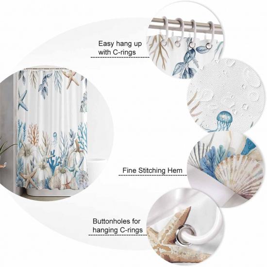 Fall Shower Curtain, Ocean Sea Thanksgiving Bathroom Shower Curtains, Seasonal Vintage Pumpkin Starfish Jellyfish Shell Shower Curtain with Hooks
