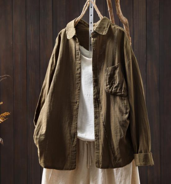 Johnature Women Vintage Shirts Tops Turn-down Collar Patchwork Pockets Blouses Autumn Solid Color Shirts