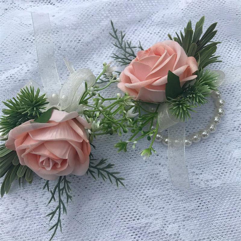 Bracelet de mariage pour demoiselle d'honneur, 1 pièce, fleur de poitrine en perles de Rose, fleur de poignet