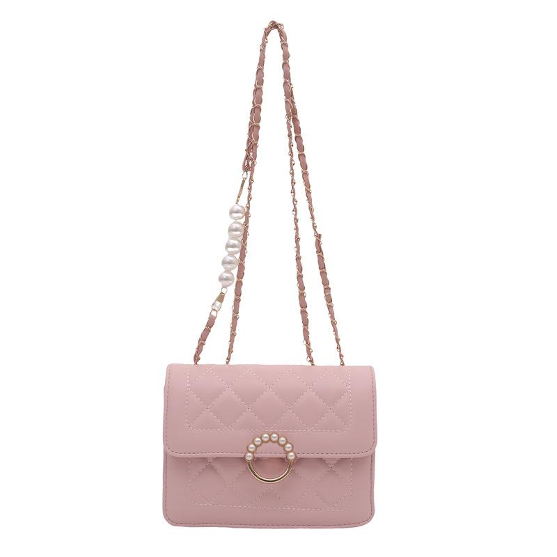 Women Korean Style Plaid Chain Pearl Small Square Shoulder Crossbody Bag