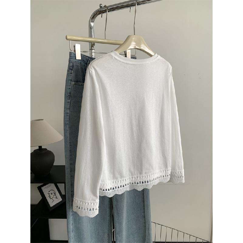 Hollowed-out lace hem pure cotton round-neck long-sleeve T-shirt for women, 2026 spring elegant Korean-style base shirt top