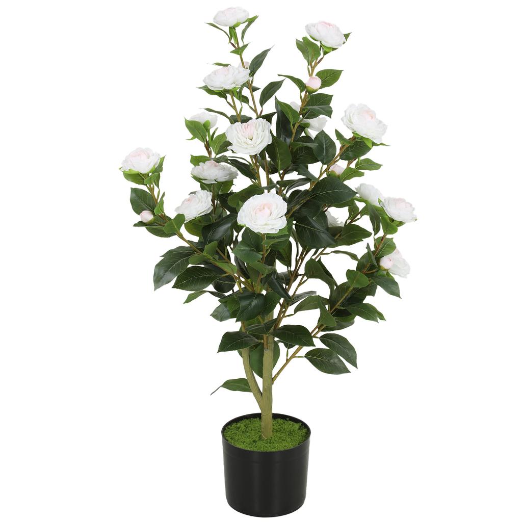 Faux Camellia Plant With Realistic Flowers 176 PEVA Leaves And Black PP Pot Filled With Cement White