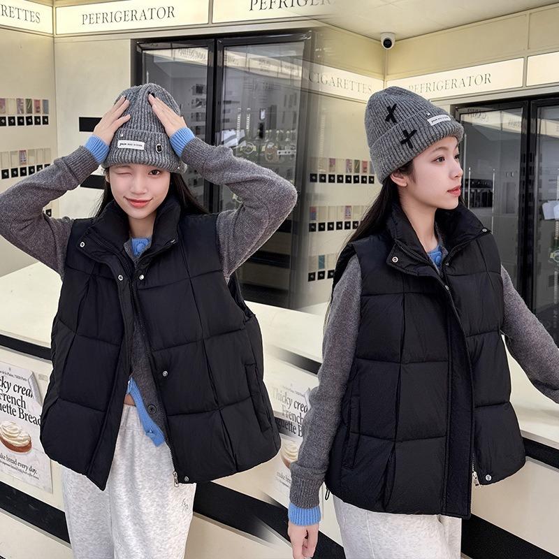 New autumn and winter solid color zipper stand-up collar short cotton vest small man wearing thin student vest jacket Cang