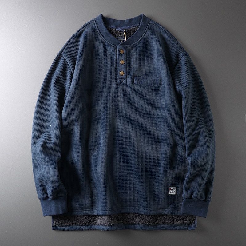 Henley Shirt Male Fleece-lined Thickened American Retro Export Export Original Outwear Heavy Weight Henry Collar Amekaji Sweatshirt Navy blue L(72.5-82.5kg)