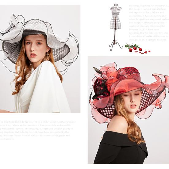 Women Performance Hat See-through Mesh Flower Decor Wide Brim Medieval Curling Edge Hollow Out Banquet Cap Stage Show Cap