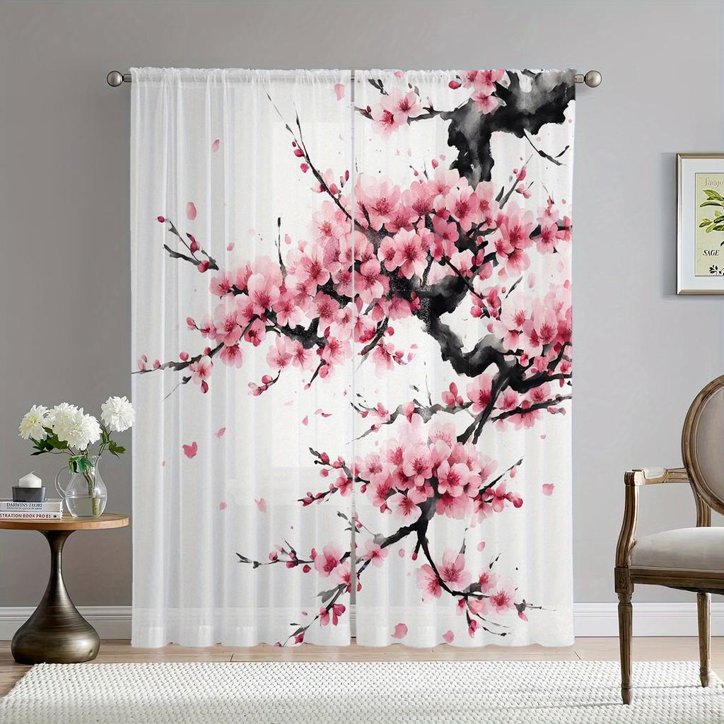 Sakura Curtains Pink Floral Hd Print Polyester Pocket Rod Living Room Bedroom Light Filtering Made Of Machine Washable Great Window Treatment