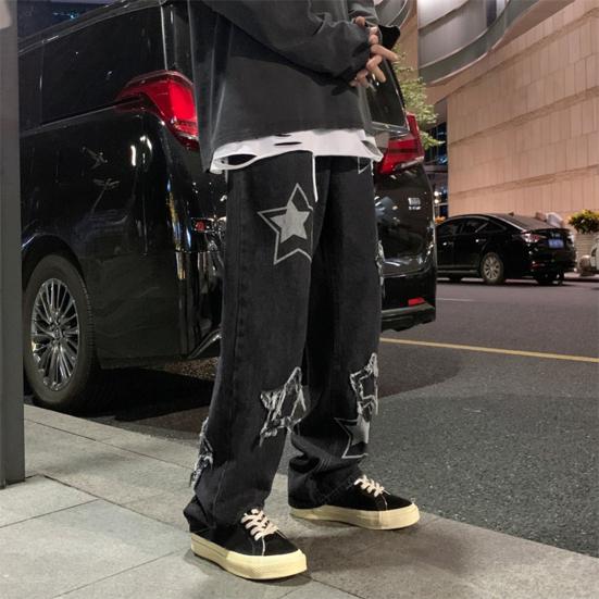 Men Denim Pants Five-pointed Star Pattern Embroidery Loose Wide Leg Streetwear Solid Color Mid Waist Baggy Jeans Straight Trousers for Party