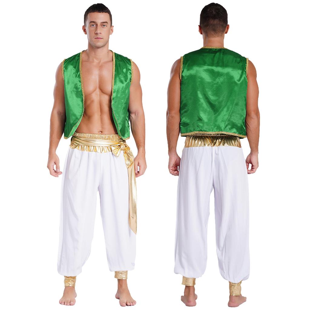 Men's Arabian Prince Cosplay Halloween Costume Sleeveless Vest with Long Pants Outfit