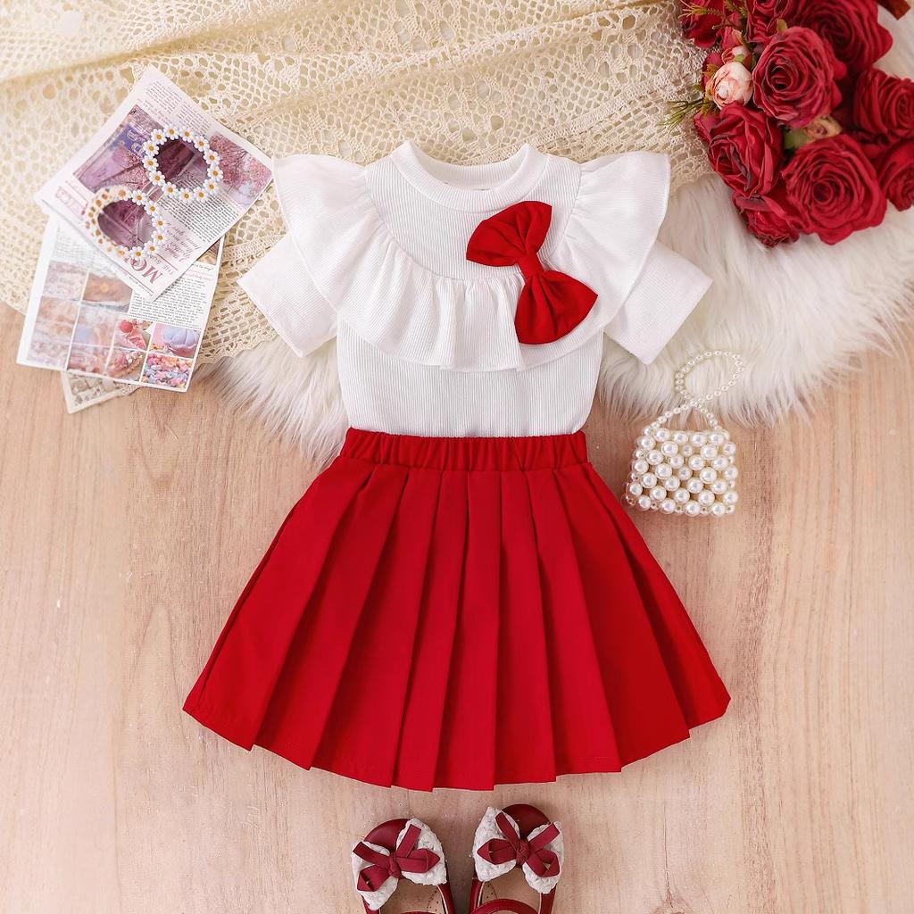 Girls' Fashion Set 2025 Summer Children's Casual Solid-color Short-sleeved Top with Lotus Leaf Collar and Pleated Skirt Two-piece Set