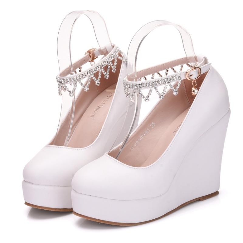 2024 Spring Wedges Women Shoes  Heels Platform Office Party Wedding Pu 10.8cm Shoe Rhinestone Elegant Women Pumps Zapatos Mujer