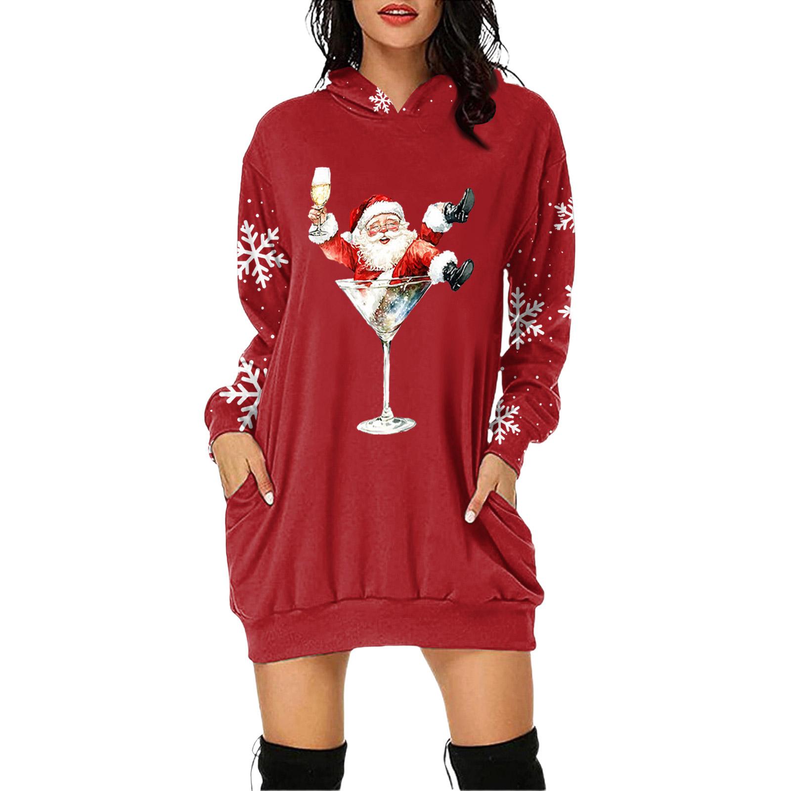 

Женское платье-пуловер с капюшоном и карманом с рождественским принтом и длинным рукавом XXL красный