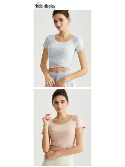 Chinese Style Women's Summer Yoga Top – Short Sleeve, Fixed Cups, Cross Mesh, Pleated, Slim Fit Sports Wear