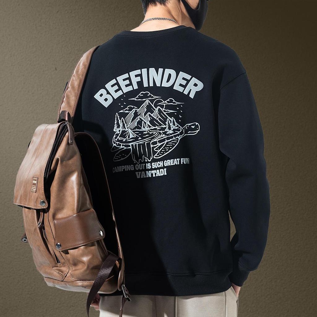 Men's Trendy Brand Heavyweight Round Neck Sweatshirt - Autumn Loose Casual Print with Velvet Long Sleeves