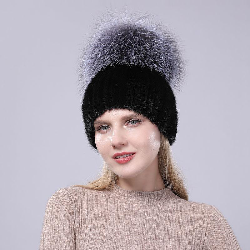 New Women s Thick Yarn Warm and Fashionable Knitted Fur Hat чёрный
