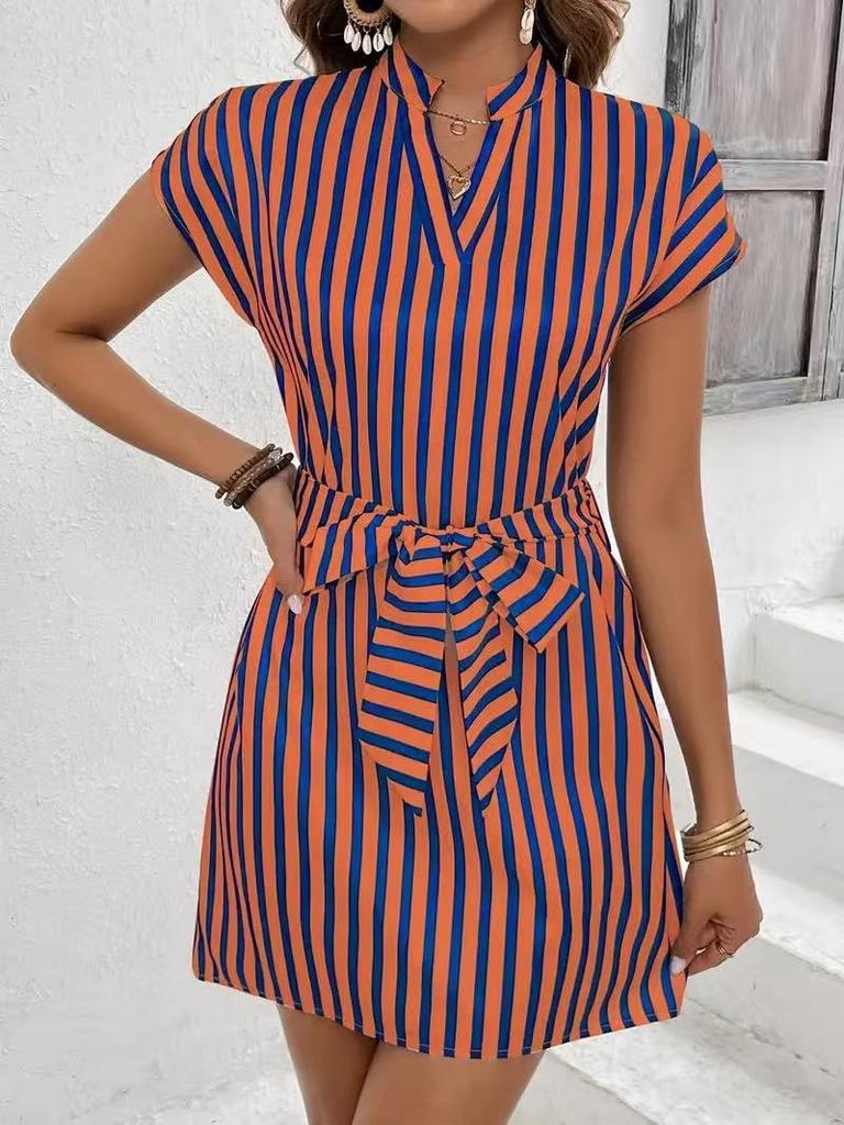 2026 Cross-border Independent Station Amazon 3D Printing European and American Women's Clothing Sleeveless Striped Lace-up V-neck Dress Vacation