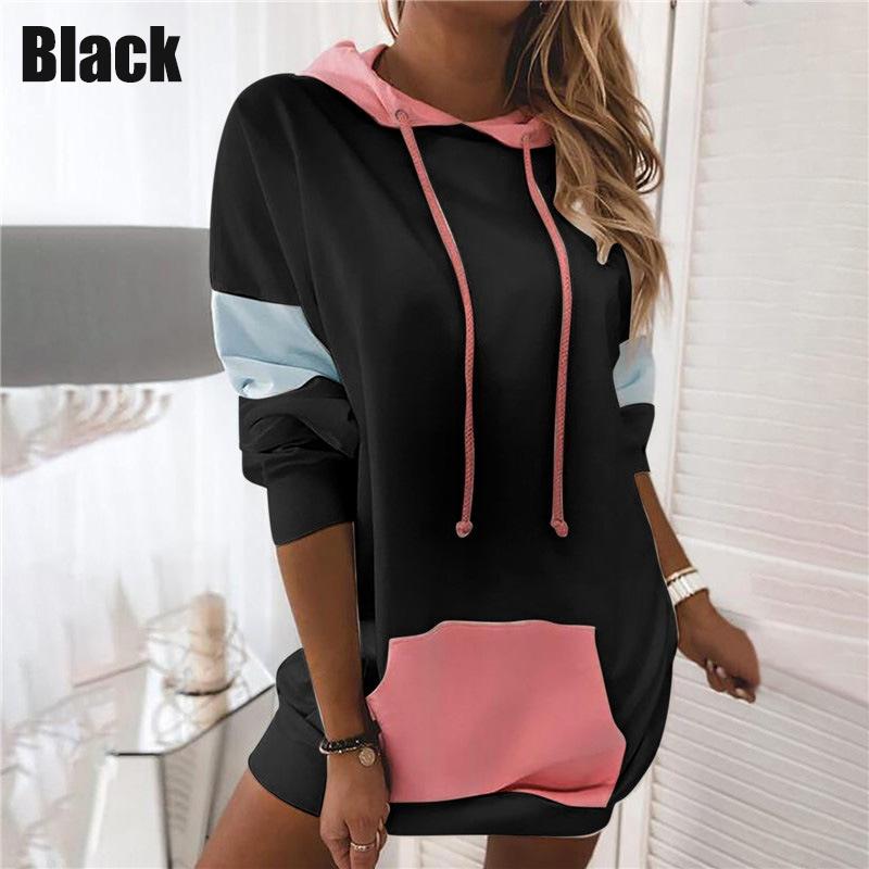 Nueva Moda de Invierno para Mujer Cálido Suelto Vestido Jersey Manga Larga Vestido con Capucha Bloque de Color Mini Vestido Talla Grande